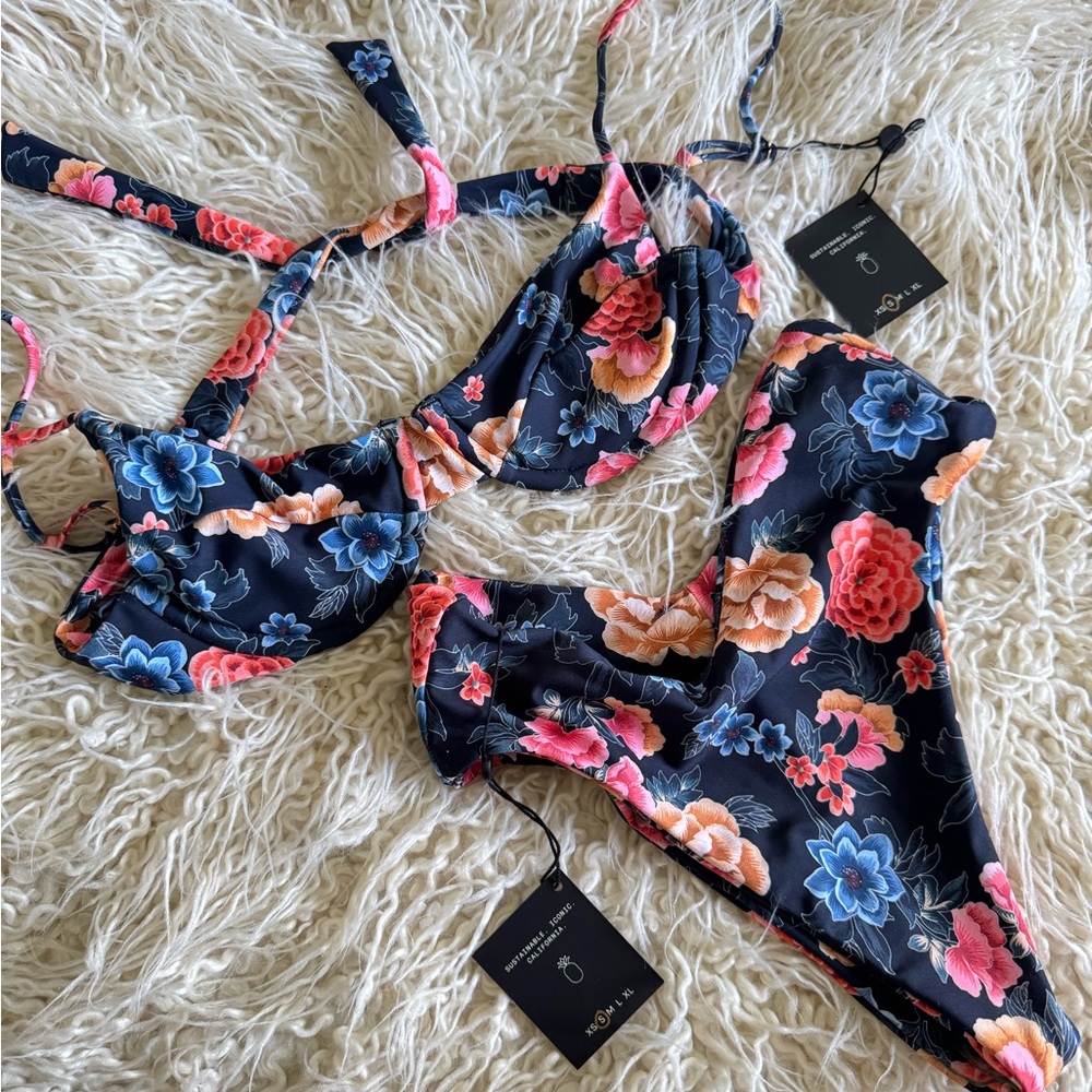 Skatie Floral Bikini Set - Navy and Multicolor